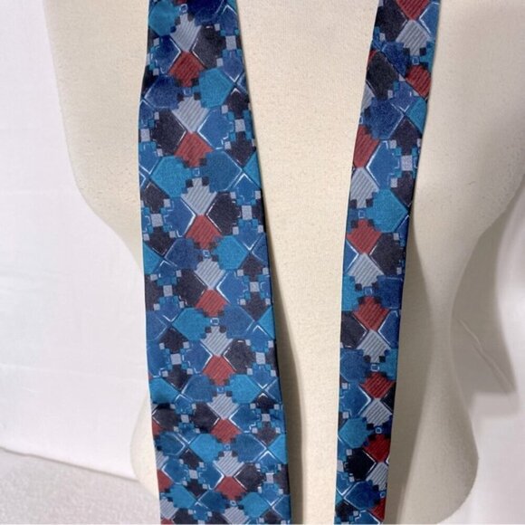 Vintage Forsyth Blue Red Square Print 100% Silk Tie - Picture 9 of 10
